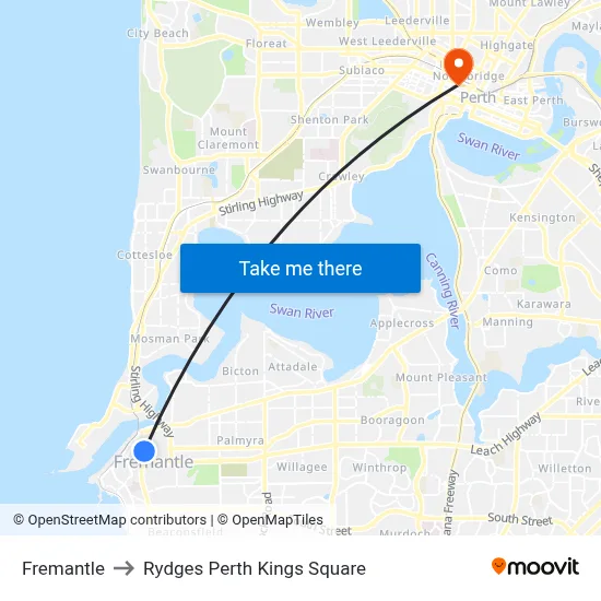 Fremantle to Rydges Perth Kings Square map