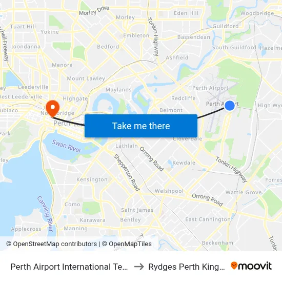 Perth Airport International Terminal T1 T2 to Rydges Perth Kings Square map