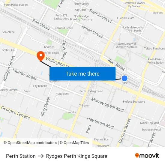 Perth Station to Rydges Perth Kings Square map