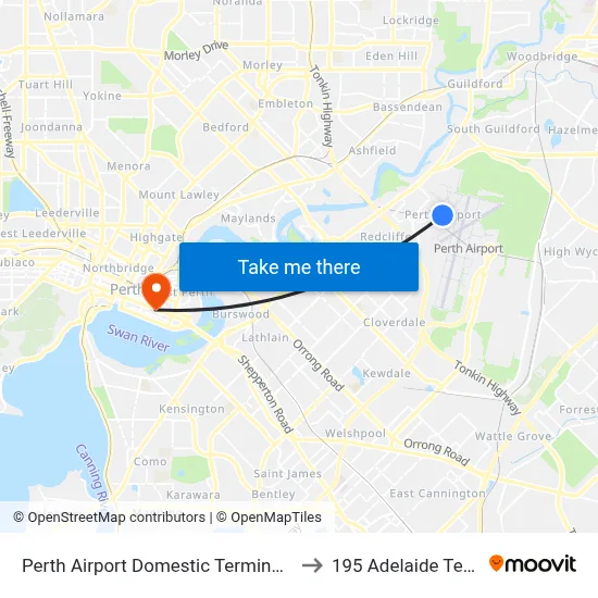 Perth Airport Domestic Terminal T3 T4 to 195 Adelaide Terrace map