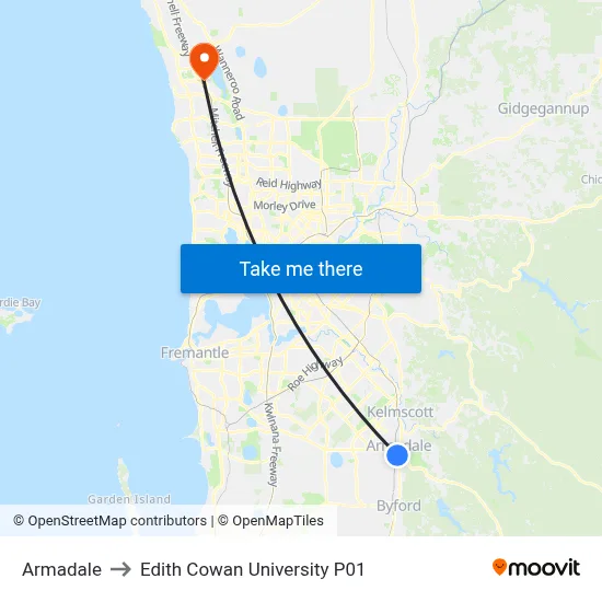 Armadale to Edith Cowan University P01 map