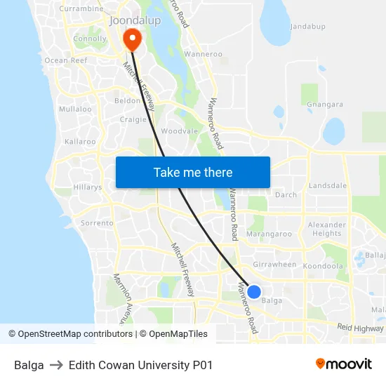 Balga to Edith Cowan University P01 map