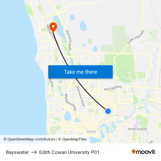 Bayswater to Edith Cowan University P01 map