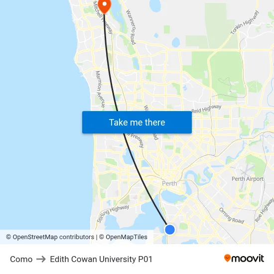 Como to Edith Cowan University P01 map