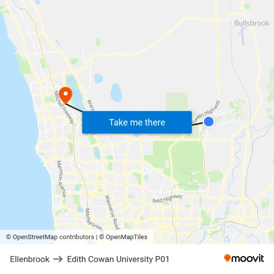 Ellenbrook to Edith Cowan University P01 map