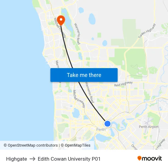 Highgate to Edith Cowan University P01 map