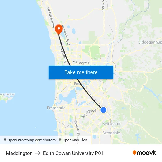 Maddington to Edith Cowan University P01 map