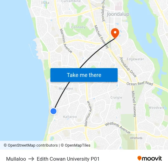 Mullaloo to Edith Cowan University P01 map