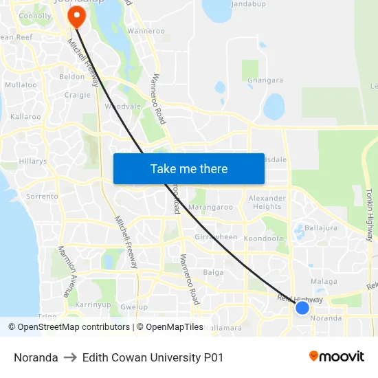 Noranda to Edith Cowan University P01 map