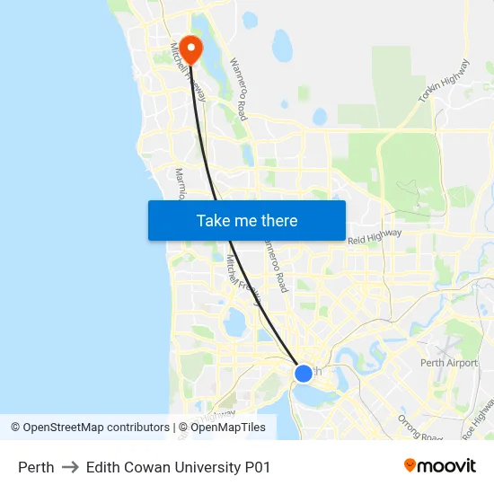 Perth to Edith Cowan University P01 map