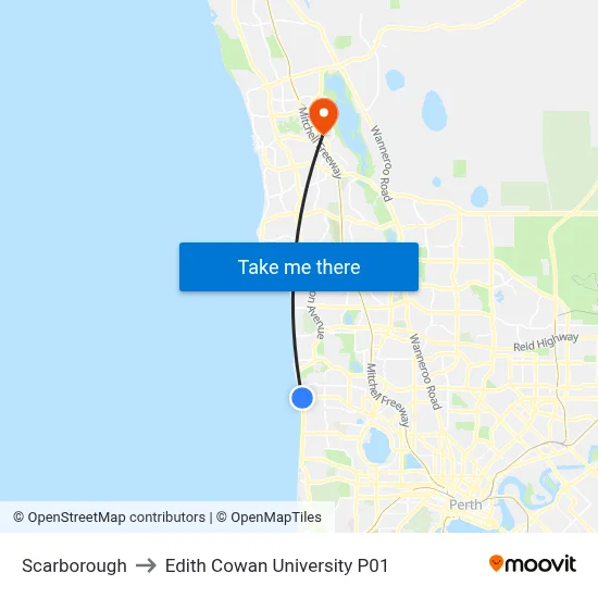 Scarborough to Edith Cowan University P01 map