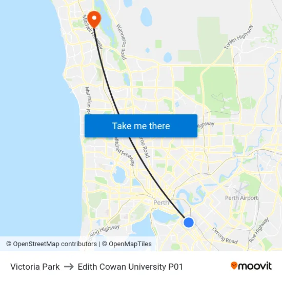 Victoria Park to Edith Cowan University P01 map