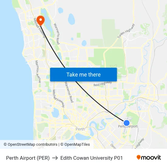Perth Airport (PER) to Edith Cowan University P01 map