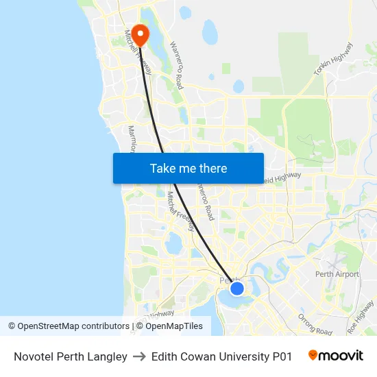 Novotel Perth Langley to Edith Cowan University P01 map