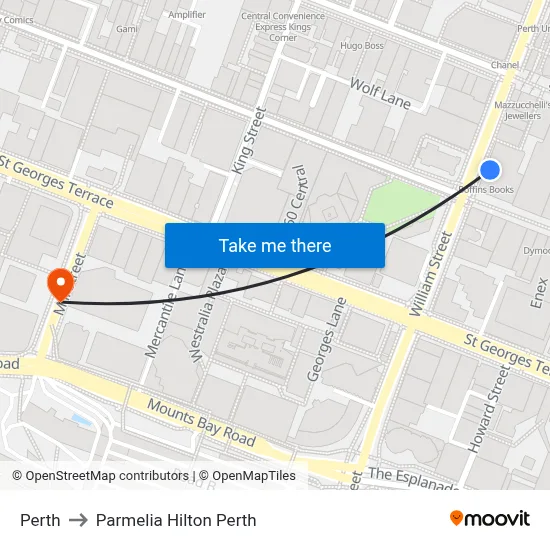 Perth to Parmelia Hilton Perth map