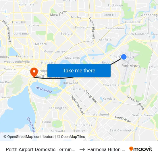 Perth Airport Domestic Terminal T3 T4 to Parmelia Hilton Perth map