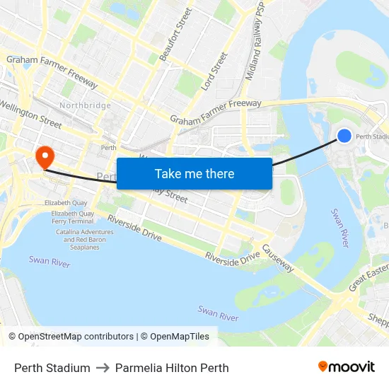 Perth Stadium to Parmelia Hilton Perth map