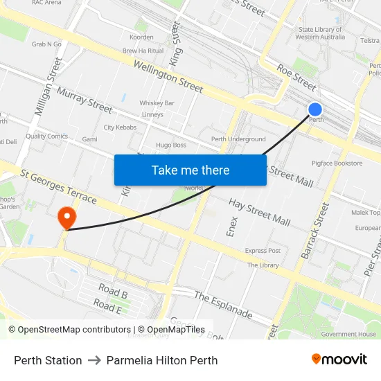 Perth Station to Parmelia Hilton Perth map