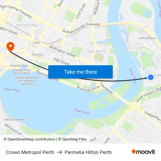 Crown Metropol Perth to Parmelia Hilton Perth map