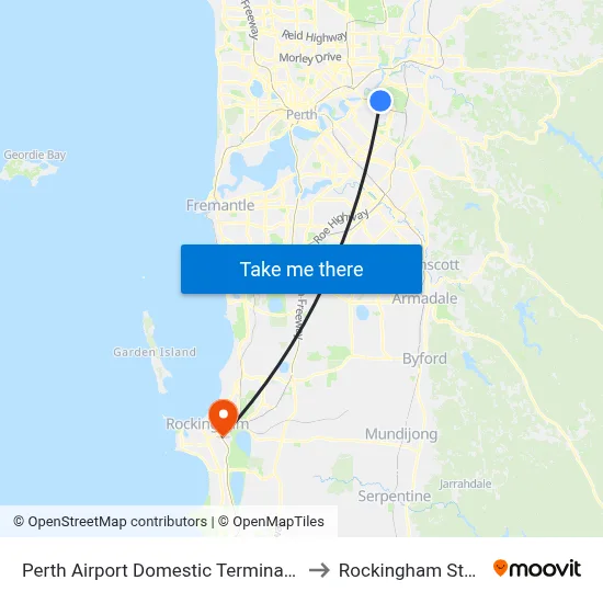 Perth Airport Domestic Terminal T3 T4 to Rockingham Station map