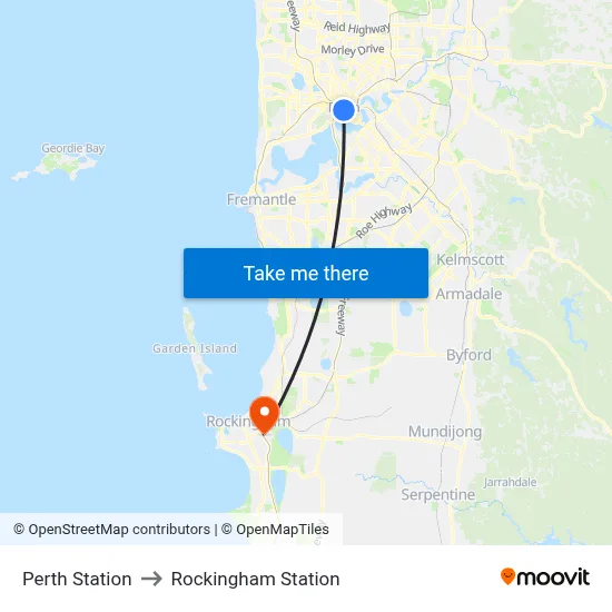 Perth Station to Rockingham Station map