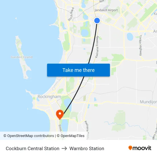 Cockburn Central Station to Warnbro Station map