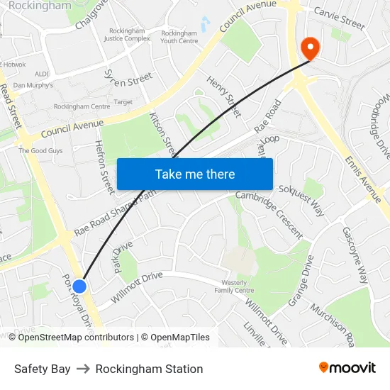 Safety Bay to Rockingham Station map