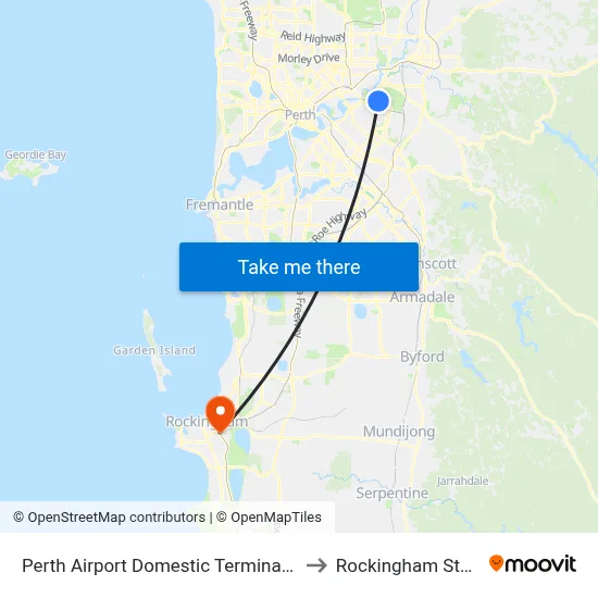 Perth Airport Domestic Terminal T3 T4 to Rockingham Station map