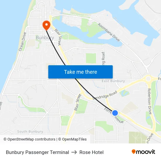Bunbury Passenger Terminal to Rose Hotel map