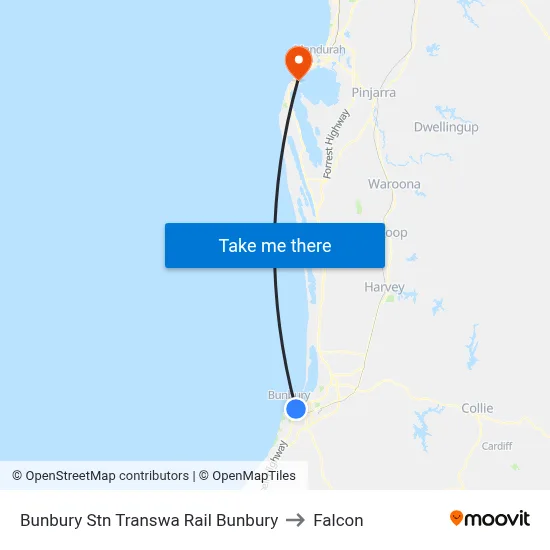 Bunbury Stn Transwa Rail Bunbury to Falcon map