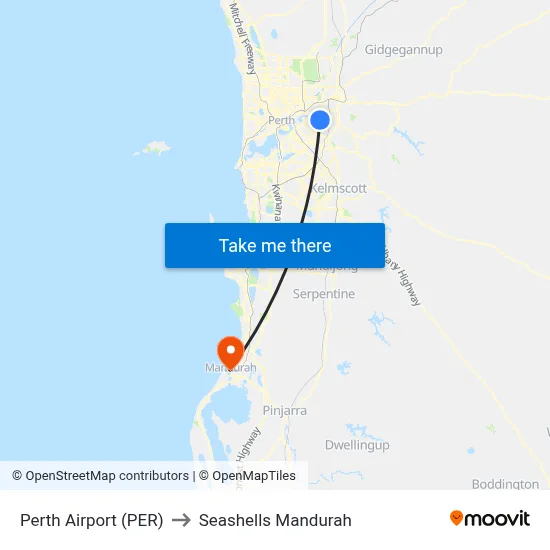 Perth Airport (PER) to Seashells Mandurah map