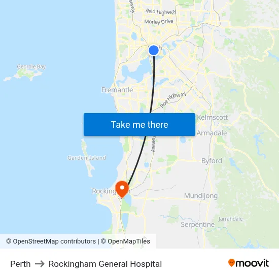 Perth to Rockingham General Hospital map