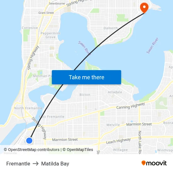 Fremantle to Matilda Bay map
