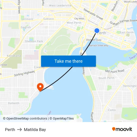 Perth to Matilda Bay map
