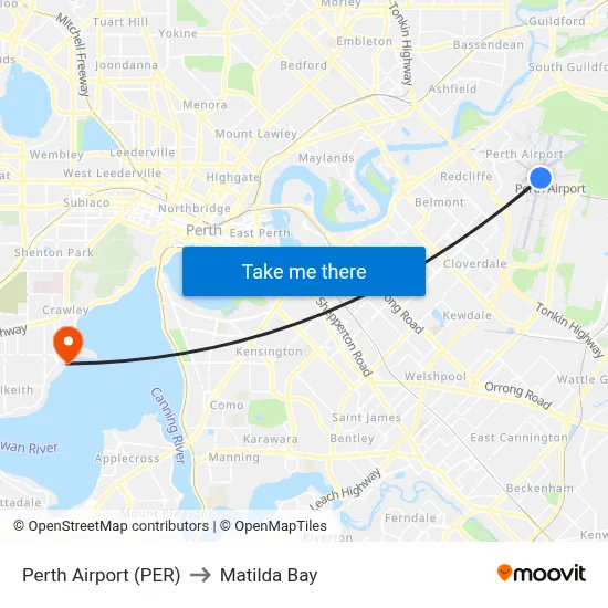 Perth Airport (PER) to Matilda Bay map