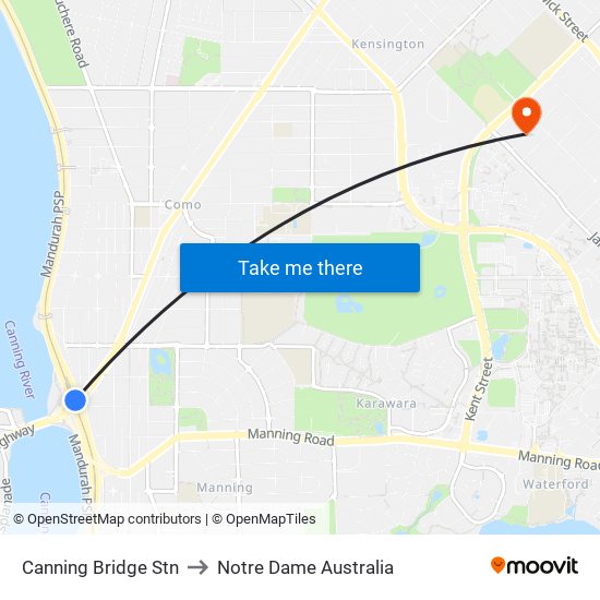 Canning Bridge Stn to Notre Dame Australia map