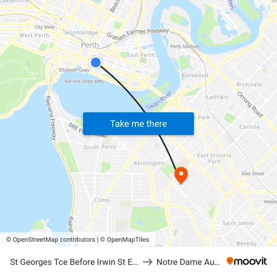 St Georges Tce Before Irwin St Eastbound to Notre Dame Australia map