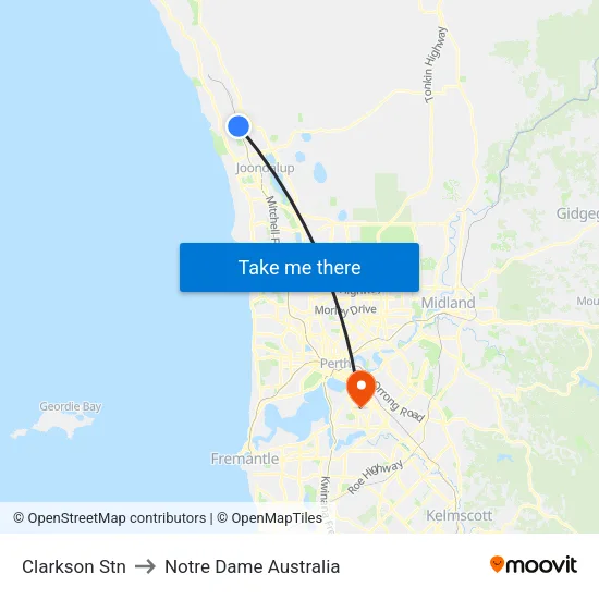 Clarkson Stn to Notre Dame Australia map