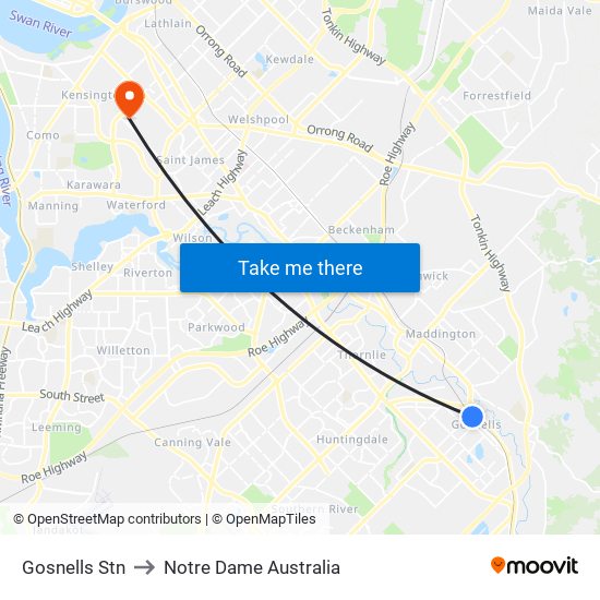 Gosnells Stn to Notre Dame Australia map