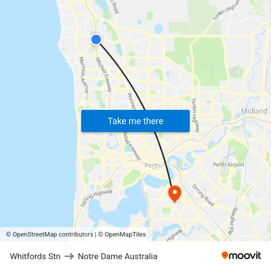 Whitfords Stn to Notre Dame Australia map