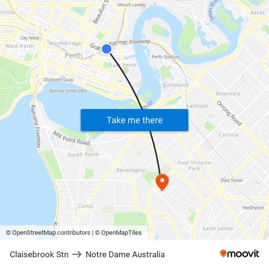 Claisebrook Stn to Notre Dame Australia map