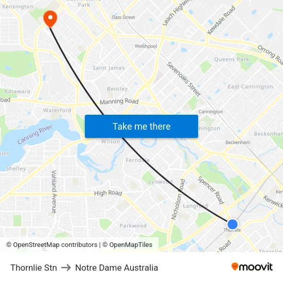 Thornlie Stn to Notre Dame Australia map