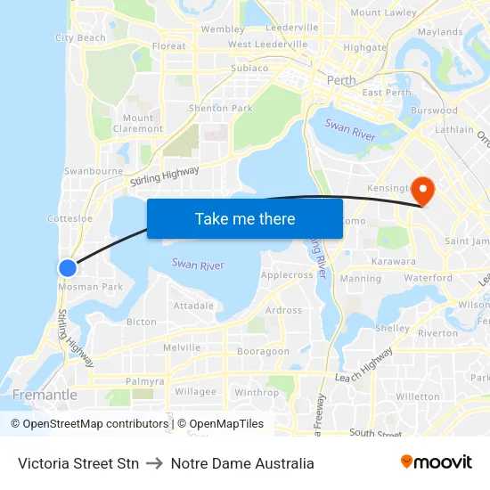 Victoria Street Stn to Notre Dame Australia map