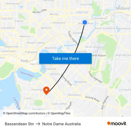 Bassendean Stn to Notre Dame Australia map