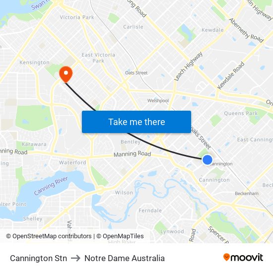 Cannington Stn to Notre Dame Australia map