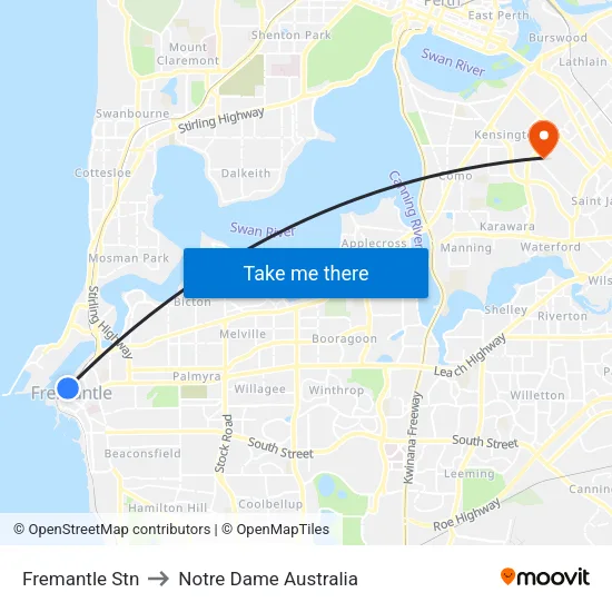 Fremantle Stn to Notre Dame Australia map
