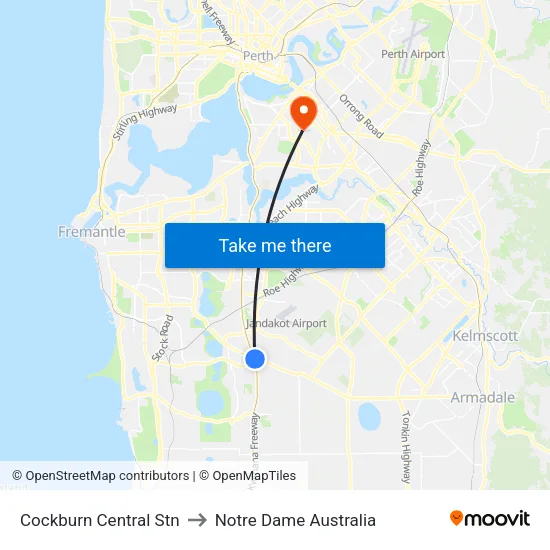 Cockburn Central Stn to Notre Dame Australia map