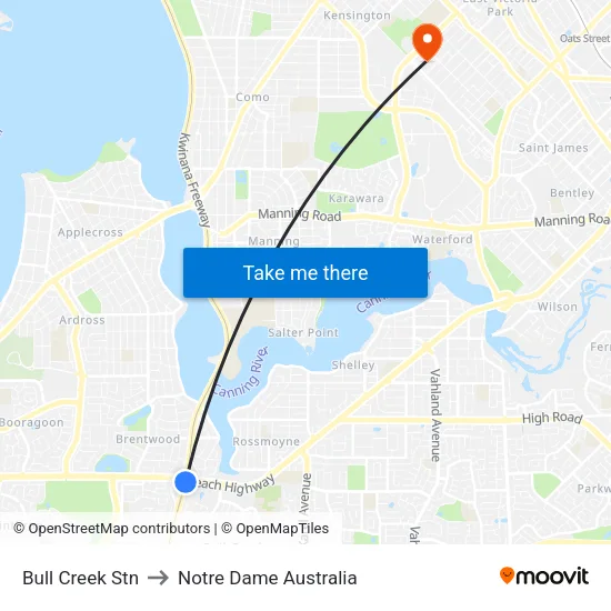 Bull Creek Stn to Notre Dame Australia map
