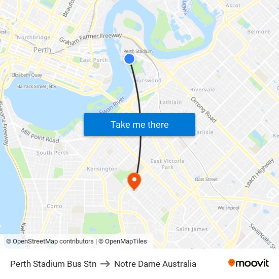 Perth Stadium Bus Stn to Notre Dame Australia map