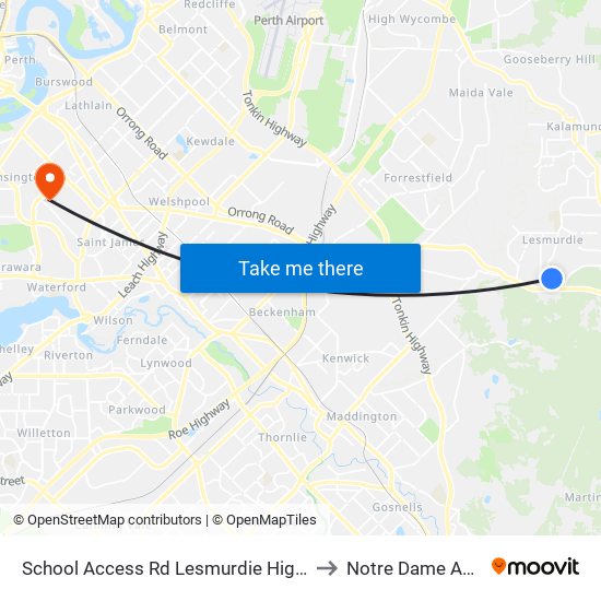 School Access Rd Lesmurdie High School S2 to Notre Dame Australia map